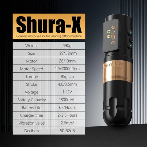 Shura-X Wireless Tattoo Machine Kit With 4.0mm Stroke Setup and digital display on black and gold rotary pen