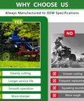 Infographic comparing benefits of 52 Inch Mower Blades For Scag Ex Mark Tiger Cub Wildcat Turf Tiger Decks Medium Lift 3 Pack Replacement Blades