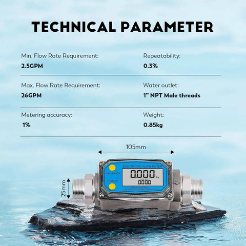 Technical specs of 1 Inch and Three Quarter Inch Turbine Flow Meter Stainless Steel Digital Liquid Flowmeter with NPT Adapters