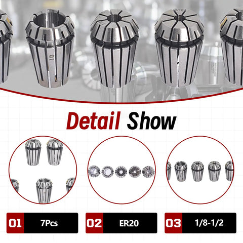 ER20 Spring Collet Set 1/8 To 1/2 Inch For CNC Milling Lathe And Engraving Machines 7 Pcs High Grade 1065 Steel Precision Ground