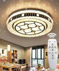 Dimmable Crystal LED Ceiling Light With Remote Control Eighteen Point Nine Inch Flush Mount Fixture 45W shown in living room