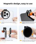 Steps showing installation of Clip On 67mm Variable ND2 32 Magnetic Phone Lens Filter Kit With Magnetic Clip on smartphone.