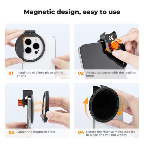 Steps showing installation of Clip On 67mm Variable ND2 32 Magnetic Phone Lens Filter Kit With Magnetic Clip on smartphone.