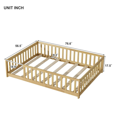Rock Solid Full Size Montessori Floor Bed With Safety Rails, Natural Solid Wood Kids Sleep Platform dimensions and slats view.