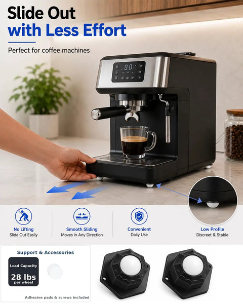 Mini Plate Caster Wheels 4 Pack Self Adhesive Nylon Rollers for Household Appliances under a coffee maker for easy sliding.