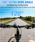Cyclist view showcasing 120° wide angle on road, highlighting lens capability of Thumb Size 1080P Wearable Body Camera With 64GB Card.