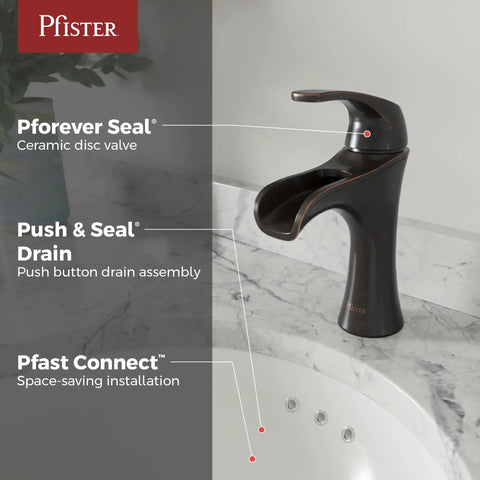 Jaida Single Handle Bathroom Sink Faucet With Waterfall Spout Deck Mounted Single Hole Installation Tuscan Bronze Finish on marble sink.