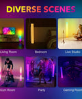 2 Pack Corner Floor Lamp With Remote And Smart App Control in diverse settings: living room, bedroom, studio, gym, party, gaming room