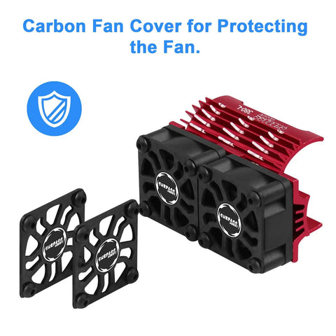 Twin 25mm RC Motor Cooling Fans With Metal Heatsink For 28mm Brushless Motors Fits One Tenth Scale RC Cars And One Twelfth Scale RC Trucks Built For Crazy 32000 RPM Cooling To Prevent Overheating with carbon fan covers