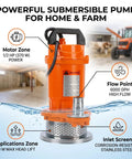 1 2HP Submersible Sump Pump 6000GPH Portable Utility Water Pump with 32 Ft High Head for efficient home water transfer.