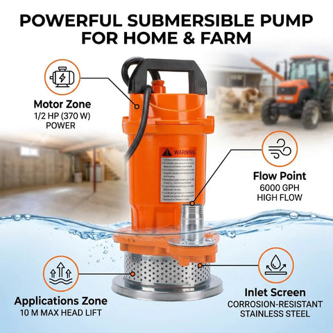 1 2HP Submersible Sump Pump 6000GPH Portable Utility Water Pump with 32 Ft High Head for efficient home water transfer.