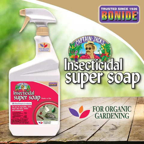 Captain Jack's Insecticidal Super Soap 32 Oz Ready To Use Spray for organic gardening on wooden surface