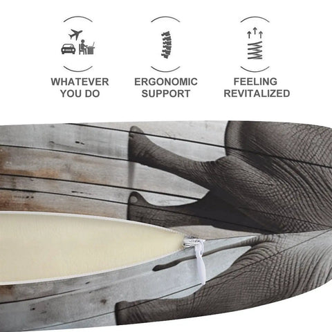 Elephant On Wood Travel Pillow with memory foam and zippered cover, showing ergonomic U-shape with neck support detail.