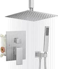 12 Inch Dope Rainfall Shower Head With Handheld Wand, Brushed Nickel Ceiling Mounted Overhead Shower System, front view