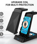 3 In 1 Fast Wireless Charging Station For iPhone 17 16e 16 15 14 13 12 11 X Pro Max Apple Watch And AirPods Pro 4 3 2 features open view showing coil and protection features