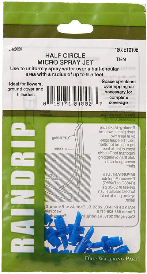 Micro Spray Jet Drip Emitter With 10 To 32 Threaded Inlet packaged in green with blue emitters visible