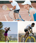 People engaged in tennis, golf, and cycling. Not related to Road Trip Ready Flat Brim Snapback Cap For Men And Women.