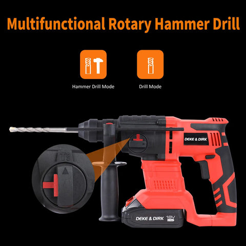 Beast 18V SDS Plus Rotary Hammer Drill With Brushless Motor, showing drill and hammer modes, black red, side view.