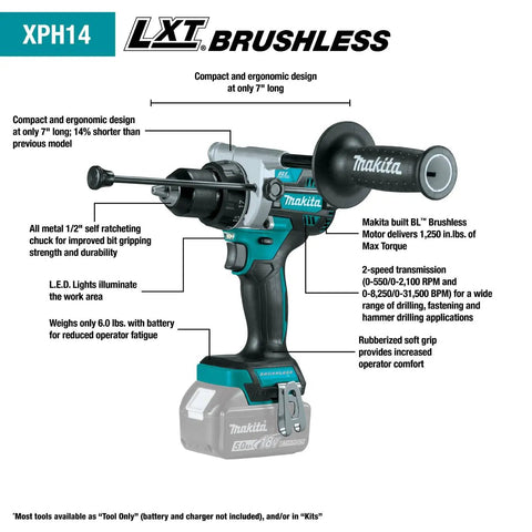 18V LXT Brushless Cordless Hammer Drill showing ergonomic design and specifications