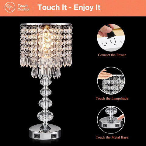 Crystal Table Lamp for Bedroom Nightstand With USB Ports, 3 Way Dimmable Silver Glam Light, touch control features