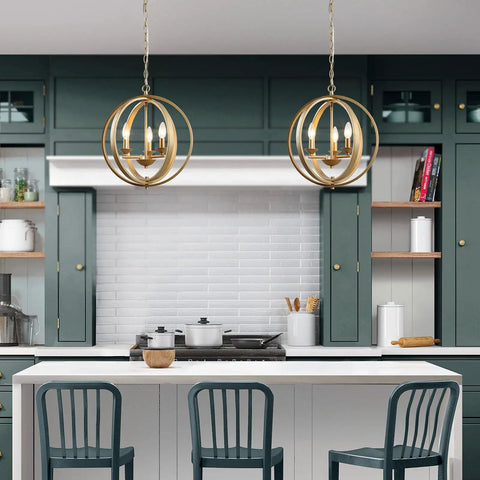 Gold Globe Pendant Light Fixture With Open Metal Spheres For Dining Room Living Room Bedroom Kitchen Island And Foyer Three Light Chandelier hanging over kitchen island