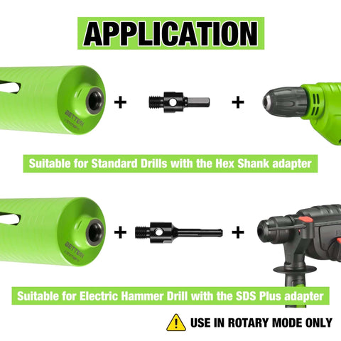 BETTERI 2.5in dry core drill bit kit with pilot bit and SDS/Hex adapters; 5/8-11 threaded diamond core for concrete