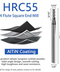 Built For Tough Steel Jobs Five Piece 5/64 Inch Carbide End Mill Set With 4 Flutes, 1/8 Inch Shank, 3/16 Inch Cutting Length, For Alloy Steel And Hardened Steels, HRC 55, Micro Grain, AlTiN Coated CNC Router Bits displayed with specifications.