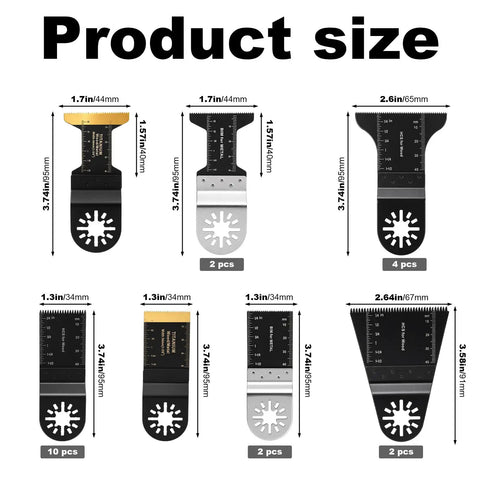 Boss Grade 22 Piece Titanium Oscillating Saw Blade Set For Metal And Wood Universal Multi Tool Blades Kit sizes displayed