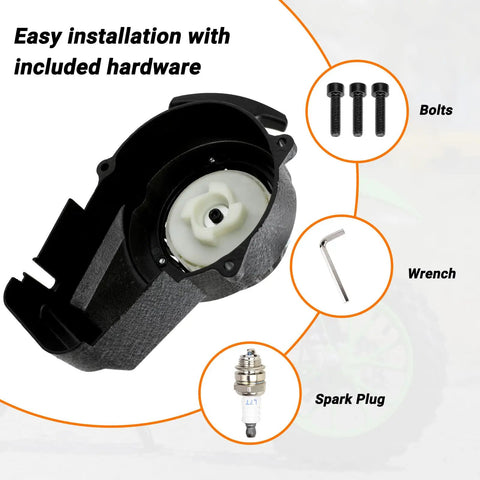 Alloy Easy Pull Recoil Start Ignition Coil with included bolts, wrench, and spark plug for 47cc-50cc 2-stroke engines.