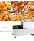 Heavy Duty 38L Commercial Deep Fryer Oil Filter Machine Stainless Steel Portable Filtration System With Swivel Wheels Rapid Cleanse For Busy Restaurant Kitchens And Supermarkets Effortless Grease Management with food images in background.