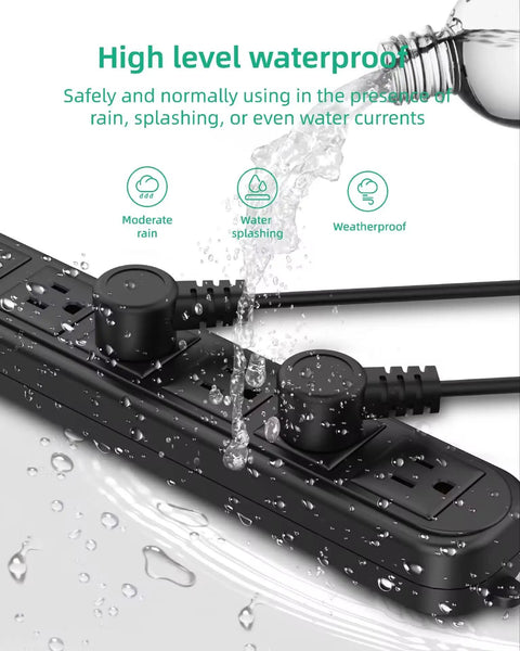Water pouring over Weatherproof Outdoor Power Strip With Six Outlets Six Foot Extension Cord 1875W Surge Protector