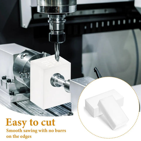 Two Pack HDPE Plastic Blocks 2 In By 3 In By 6 In High Density Polyethylene for DIY projects being machined on tool station.