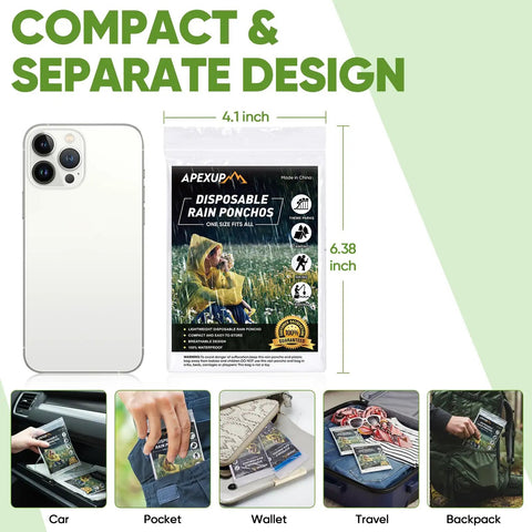 Packaging of Disposable Rain Ponchos For Adults Ultra Lightweight And Durable Waterproof Lifesaver Rain Gear In Clear Color next to phone with usage examples in car and travel.