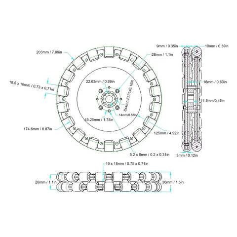 Technical drawing of Omni Wheel Dual Set For DIY Robotics 8 Inch 203mm Aluminum Hub With 18 Silicone Rollers