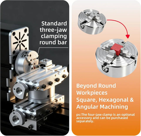 4 Axis Mini Metal Lathe 60W High Speed Machine For Precision Machining Soft Metals Wood Acrylic And Plastic with three-jaw clamp.