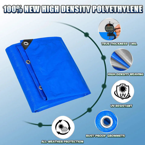 Heavy Duty 8x12 Foot Tarp 7 Mil Waterproof Poly Tarpaulin With UV Resistant Shield Rip And Tear Proof Outdoor Cover