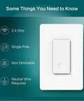 4 Pack Smart Light Switch 2.4GHz WiFi Single Pole Neutral Wire Required Works With Alexa Google Home SmartThings Remote Control FCC Listed Easy Install image showing features like 2.4GHz, single pole, non-dimmable, neutral wire needed