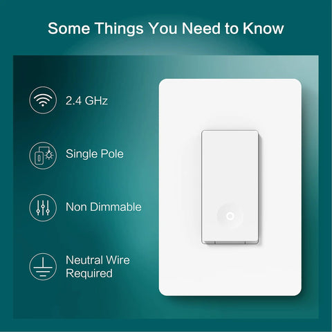 4 Pack Smart Light Switch 2.4GHz WiFi Single Pole Neutral Wire Required Works With Alexa Google Home SmartThings Remote Control FCC Listed Easy Install image showing features like 2.4GHz, single pole, non-dimmable, neutral wire needed
