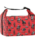 Red cowboy-themed lunch bag with horse and cactus print, reusable insulated lunch tote with leakproof design for work and picnics.