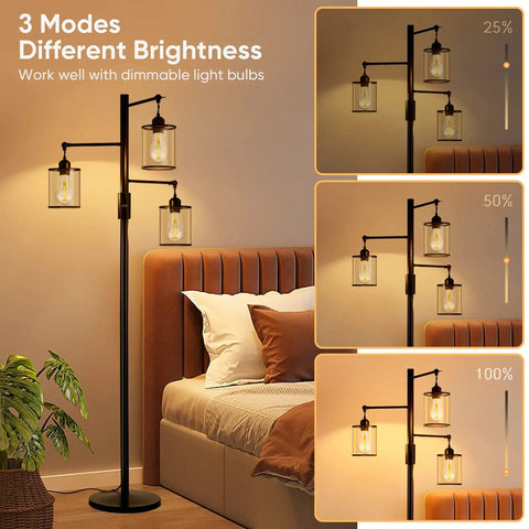 Three Head Tree Style Industrial Floor Lamp With Adjustable Brightness Smart Touch Dimmer Glass Shade Black Standing Living Room Light For Cozy Vibes Now in a bedroom setting with brightness modes.