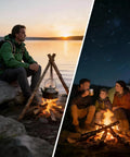 Split image of outdoor camping scenes with the 4 Inch Portable Ferro Rod Fire Starter Kit With Striker And Waterproof Case.