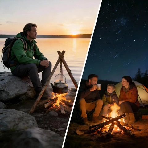 Split image of outdoor camping scenes with the 4 Inch Portable Ferro Rod Fire Starter Kit With Striker And Waterproof Case.