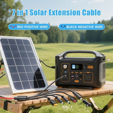 Outdoor setup with All-In-One 7-In-1 Solar Panel Adapter Kit with 3.6 ft 12AWG MC4 cable connected to power station