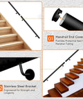 Straight Up Heavy Duty 3 Ft Black Aluminum Stair Handrail With 1.5 Inch Pipe Wall Mounted For Indoor Stairs And Porches 400 Lb Load Capacity Built Like A Tank With Smooth Powder Coat Finish, showing handrail with end cover and stainless steel bracket.