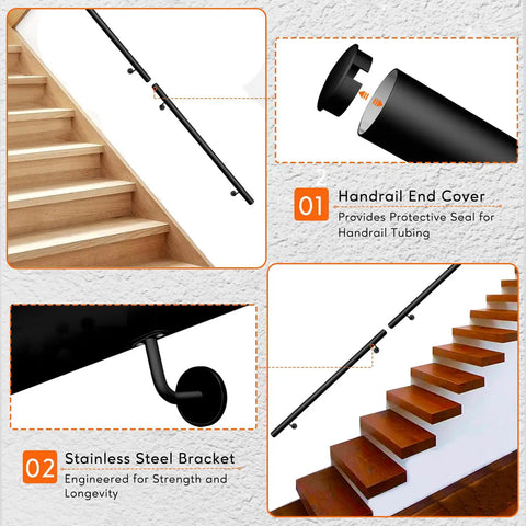 Straight Up Heavy Duty 3 Ft Black Aluminum Stair Handrail With 1.5 Inch Pipe Wall Mounted For Indoor Stairs And Porches 400 Lb Load Capacity Built Like A Tank With Smooth Powder Coat Finish, showing handrail with end cover and stainless steel bracket.
