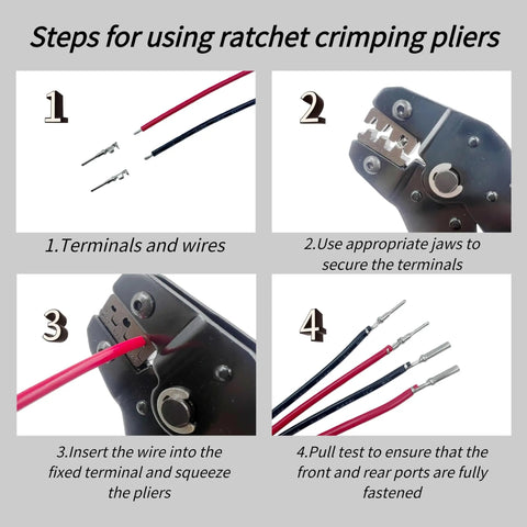 Steps for using ratchet crimping pliers from 237 Piece DT Series Pro Grade Waterproof Connector Kit with wires and terminals