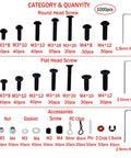 Universal RC Screw Kit 1000Pcs All In One Hardware Fasteners Set with M3/M4 screws, nuts, washers, and wrenches disassembled view.