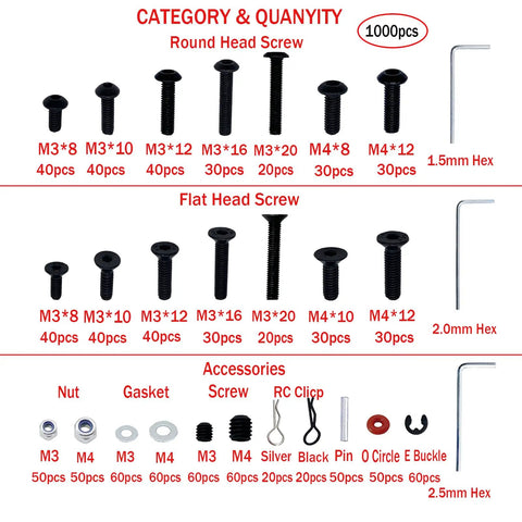 Universal RC Screw Kit 1000Pcs All In One Hardware Fasteners Set with M3/M4 screws, nuts, washers, and wrenches disassembled view.