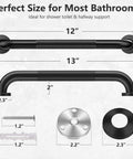 Rock Solid 16 Inch Wall Mount Handrail Matte Black Steel Pipe Grab Bar dimensions with 12 inch, 13 inch measurements for bathroom support.