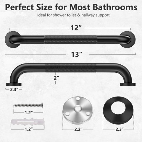 Rock Solid 16 Inch Wall Mount Handrail Matte Black Steel Pipe Grab Bar dimensions with 12 inch, 13 inch measurements for bathroom support.